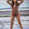 girl wearing a bandeau swimsuit in leopard print